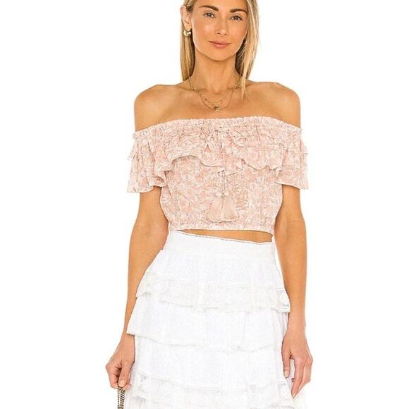 Love Shack Fancy Pink Floral Ruffle Dorin Cotton Crop Top Womens Small - Picture 2 of 8